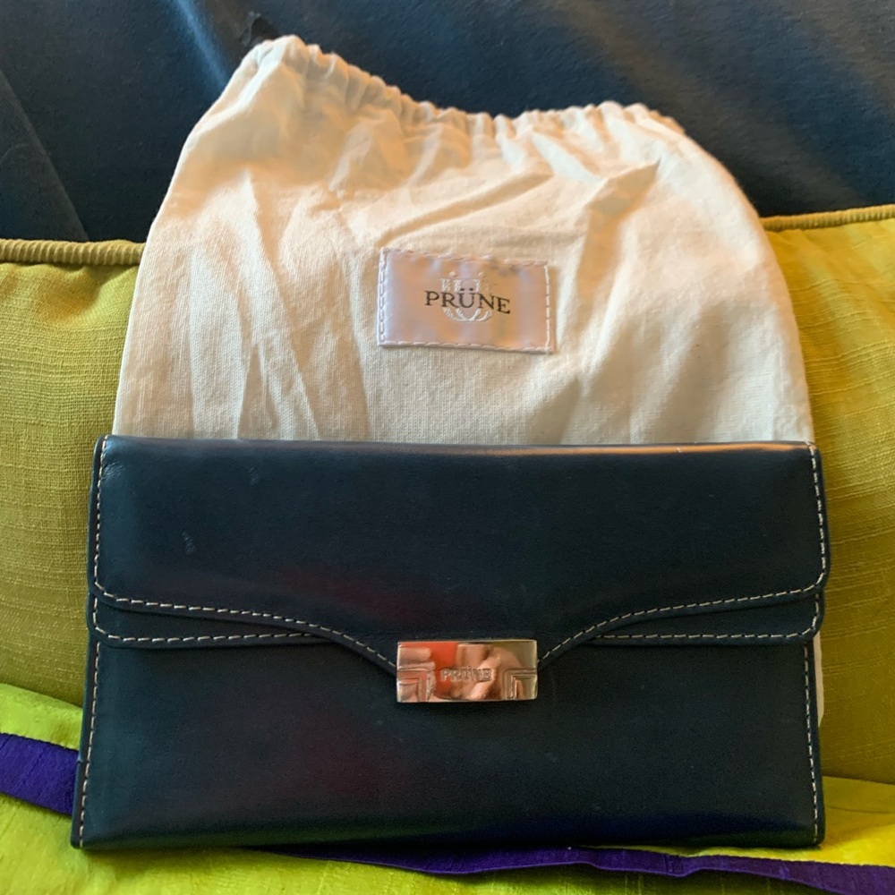 New Prune Leather Foldover Envelope Clutch w/ Dustbag-Navy Blue/Silver Hardware